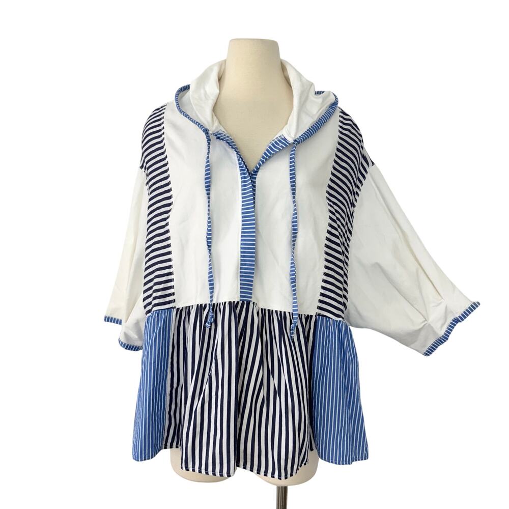 Anthropologie Half-Sleeve Swing Top Hoodie Blouse White Blue Striped XL